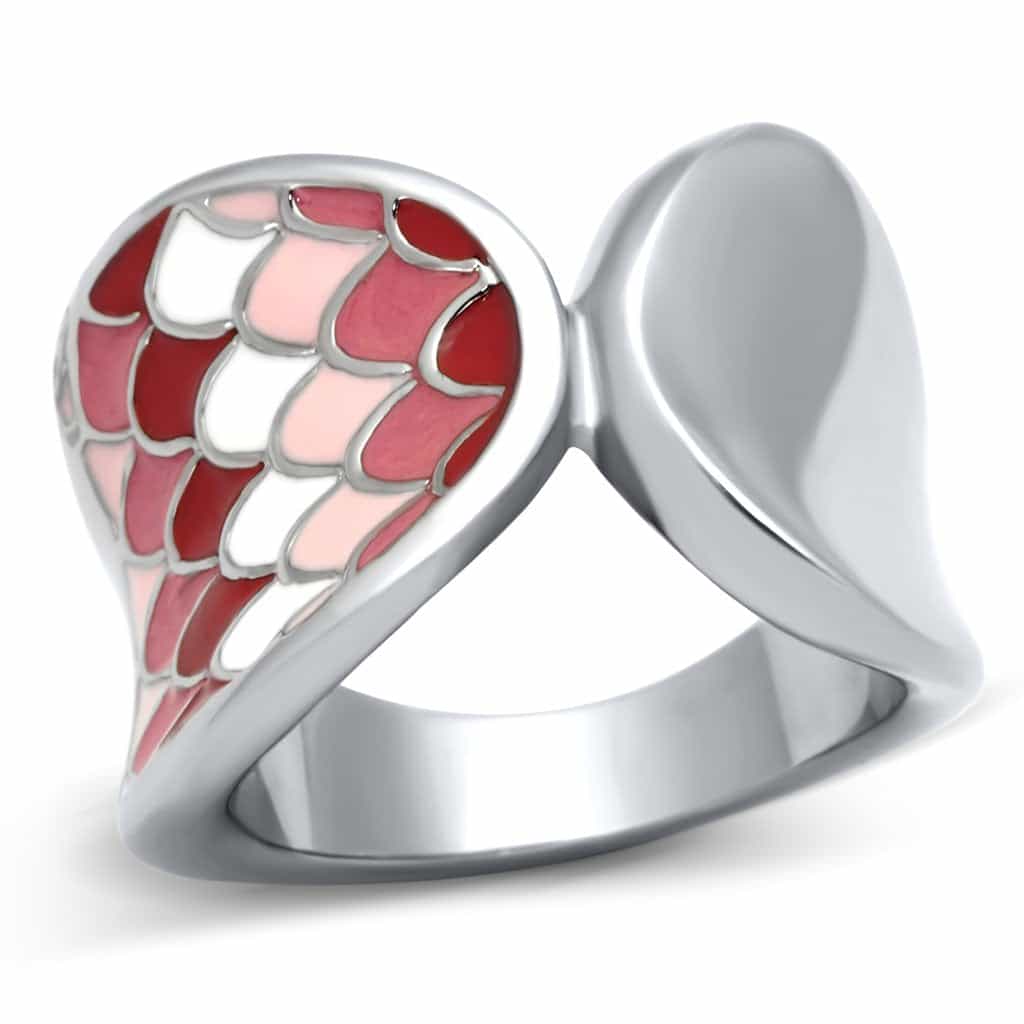 Stainless Steel Silver Pink Red Enamel Feather Wing Scale Ring view 1