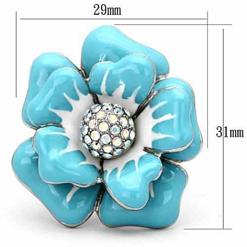 Stainless Steel Silver Blue Enamel Flower AB Crystal Center Ring view 6