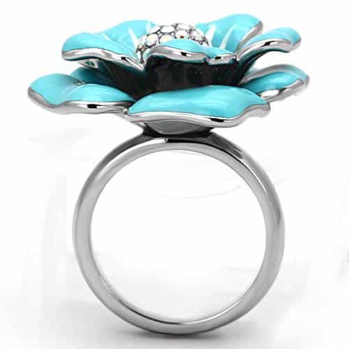 Stainless Steel Silver Blue Enamel Flower AB Crystal Center Ring view 7