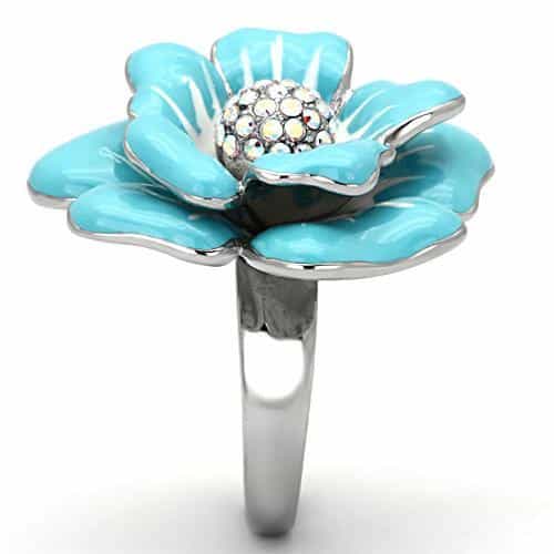 Stainless Steel Silver Blue Enamel Flower AB Crystal Center Ring view 8
