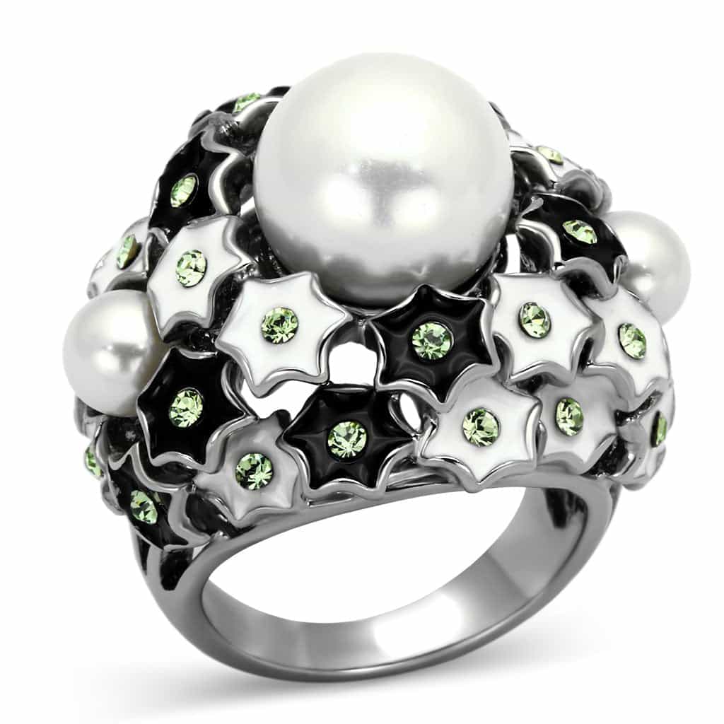 Stainless Steel Silver Pearl Green Crystal Black Enamel Ring view 1