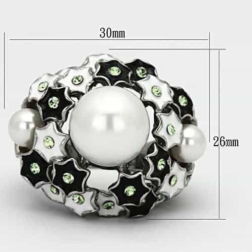 Stainless Steel Silver Pearl Green Crystal Black Enamel Ring view 6