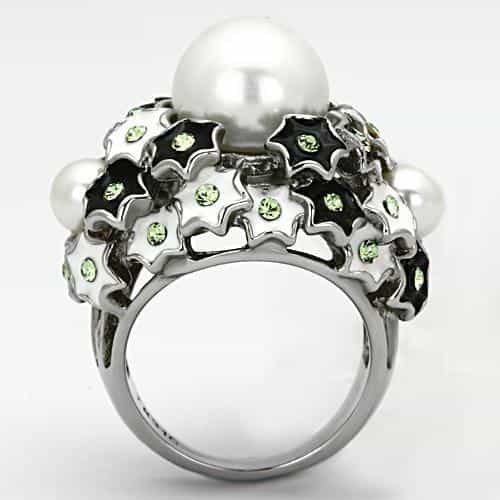 Stainless Steel Silver Pearl Green Crystal Black Enamel Ring view 3