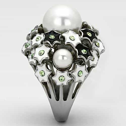 Stainless Steel Silver Pearl Green Crystal Black Enamel Ring view 4