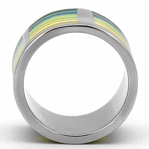 Stainless Steel Silver Yellow Green Enamel Rainbow Stripe Ring view 7