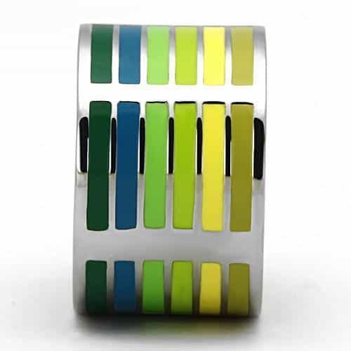 Stainless Steel Silver Yellow Green Enamel Rainbow Stripe Ring view 8