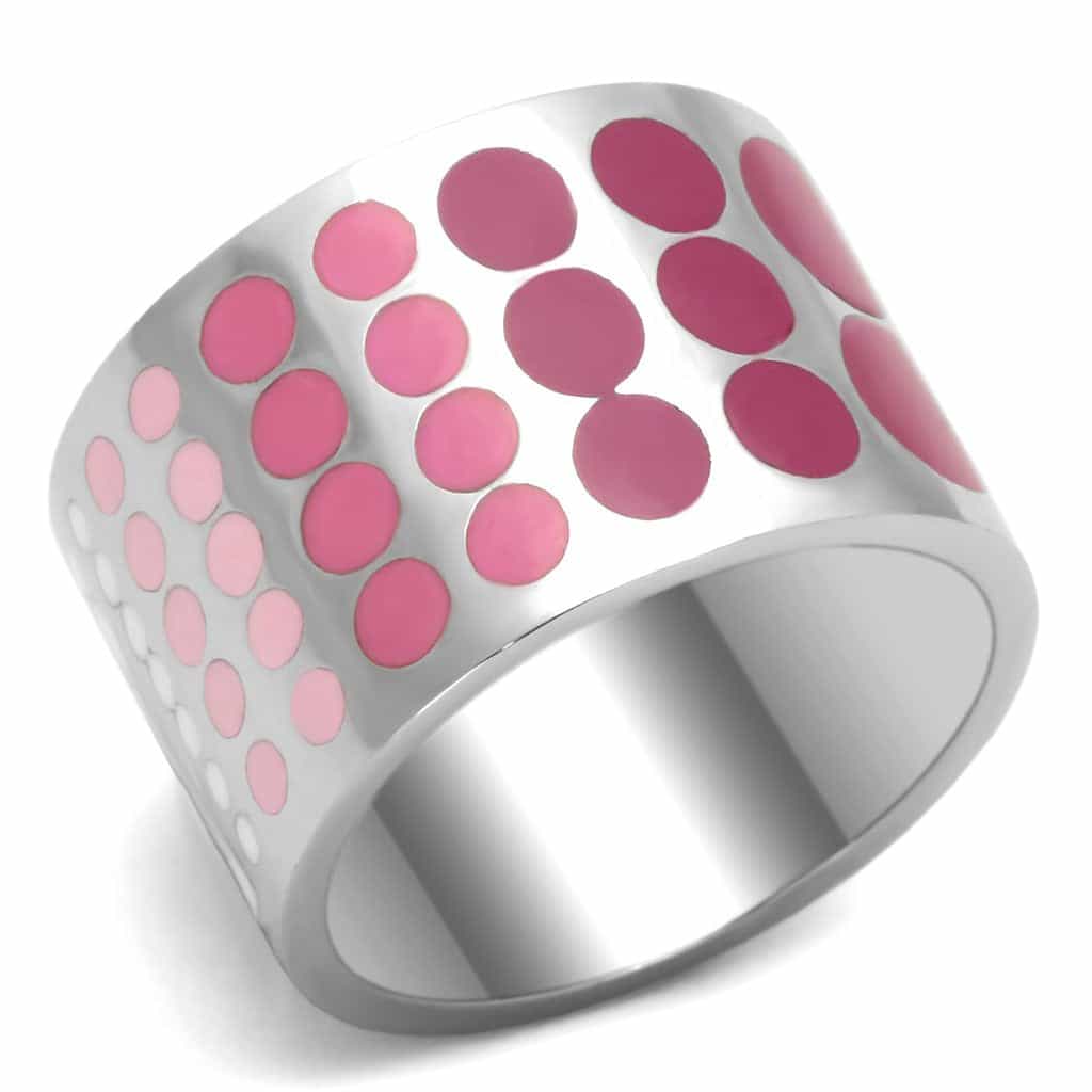 Stainless Steel Silver Pink Polka Dot Enamel Wide Band Ring view 1