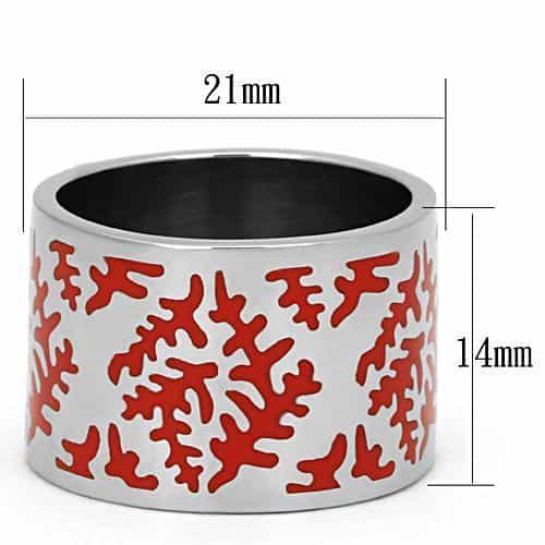 Stainless Steel Silver Red Coral Enamel Pattern Wide Band Ring view 6