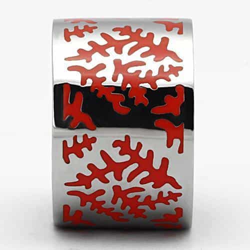 Stainless Steel Silver Red Coral Enamel Pattern Wide Band Ring view 8