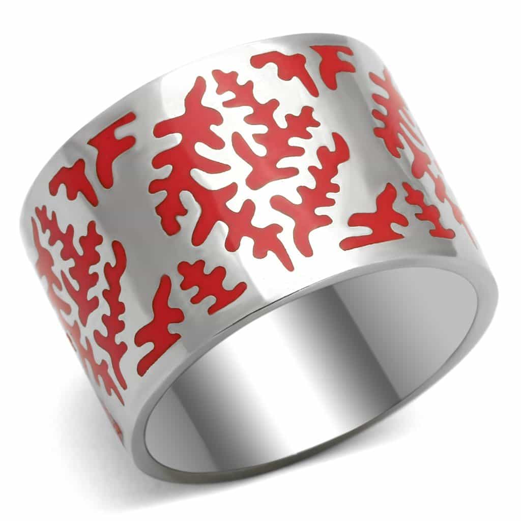 Stainless Steel Silver Red Coral Enamel Pattern Wide Band Ring view 1