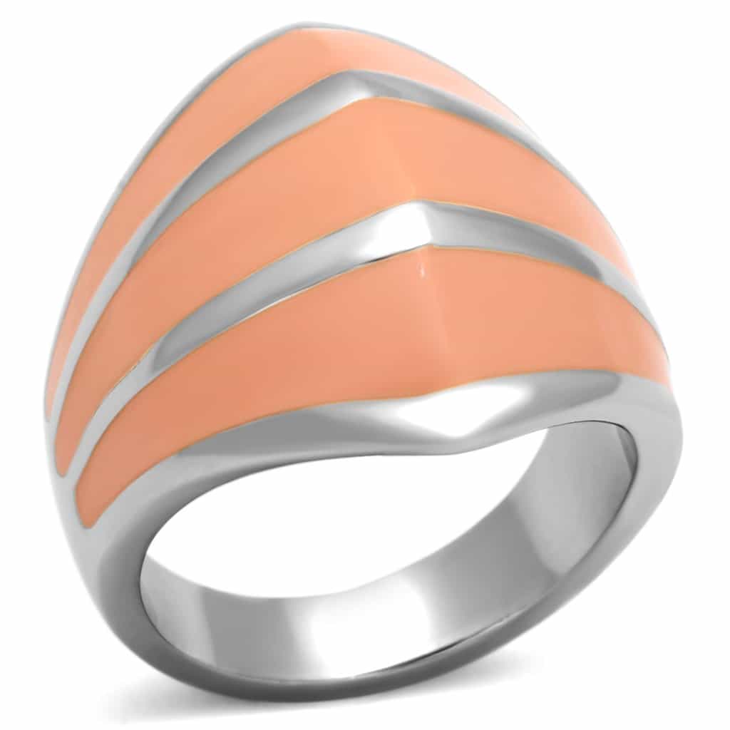 Stainless Steel Silver Peach Enamel Chevron Stripe Dome Ring view 5