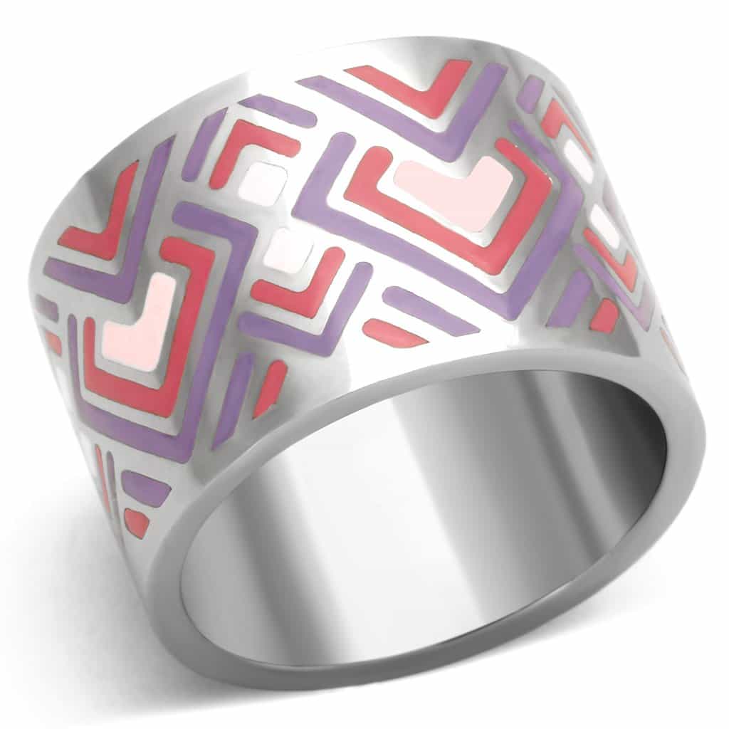 Stainless Steel Silver Pink Purple Geometric Maze Enamel Ring view 1