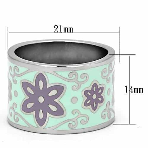 Stainless Steel Silver Mint Purple Floral Enamel Wide Band Ring view 2
