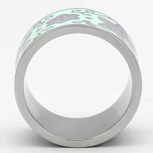 Stainless Steel Silver Mint Purple Floral Enamel Wide Band Ring view 3