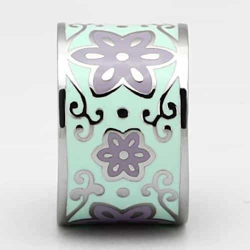 Stainless Steel Silver Mint Purple Floral Enamel Wide Band Ring view 4