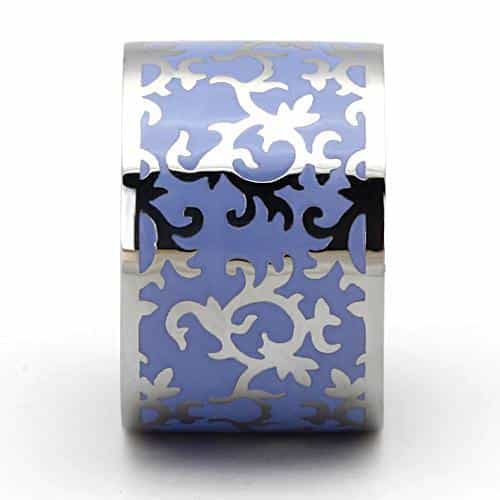Stainless Steel Silver Blue Purple Damask Enamel Wide Band Ring view 4