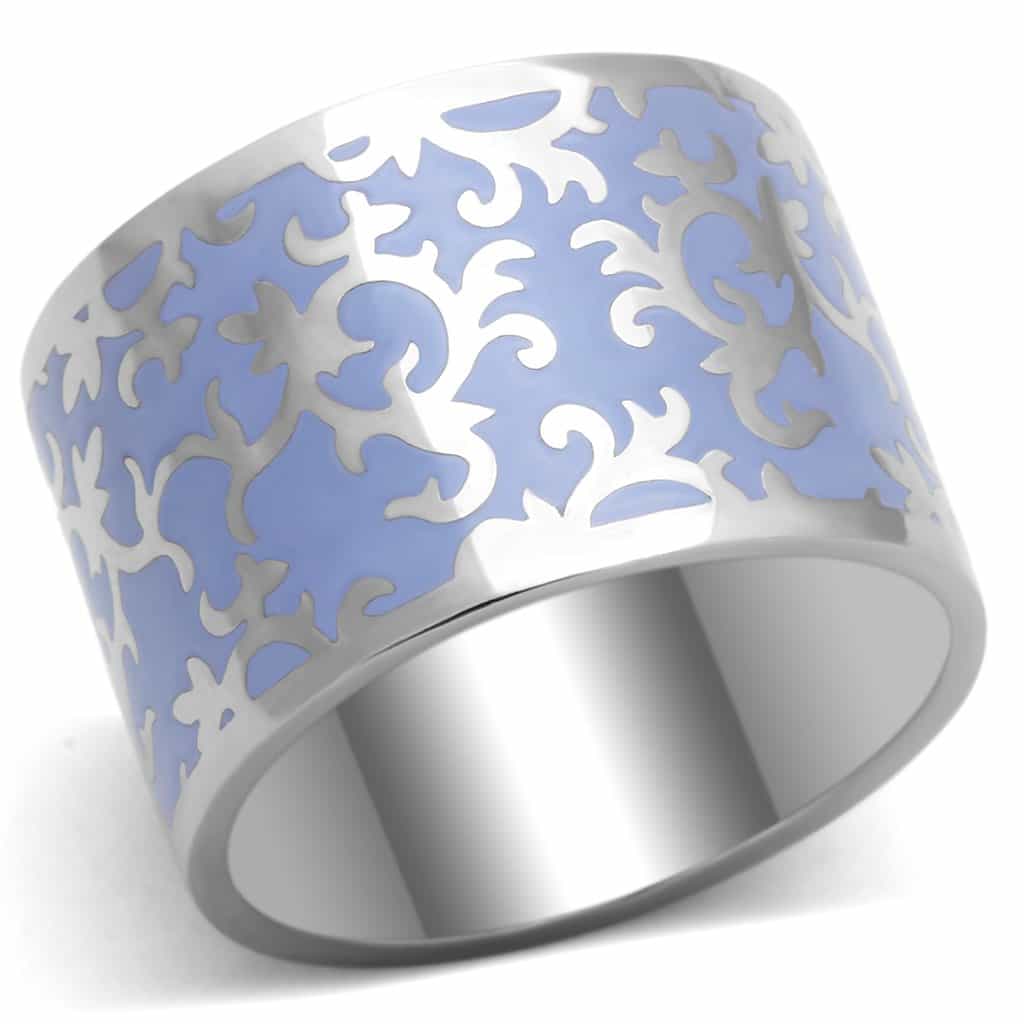 Stainless Steel Silver Blue Purple Damask Enamel Wide Band Ring view 1