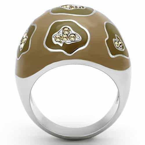 Stainless Steel Silver Brown Enamel Crystal Accent Dome Ring view 3