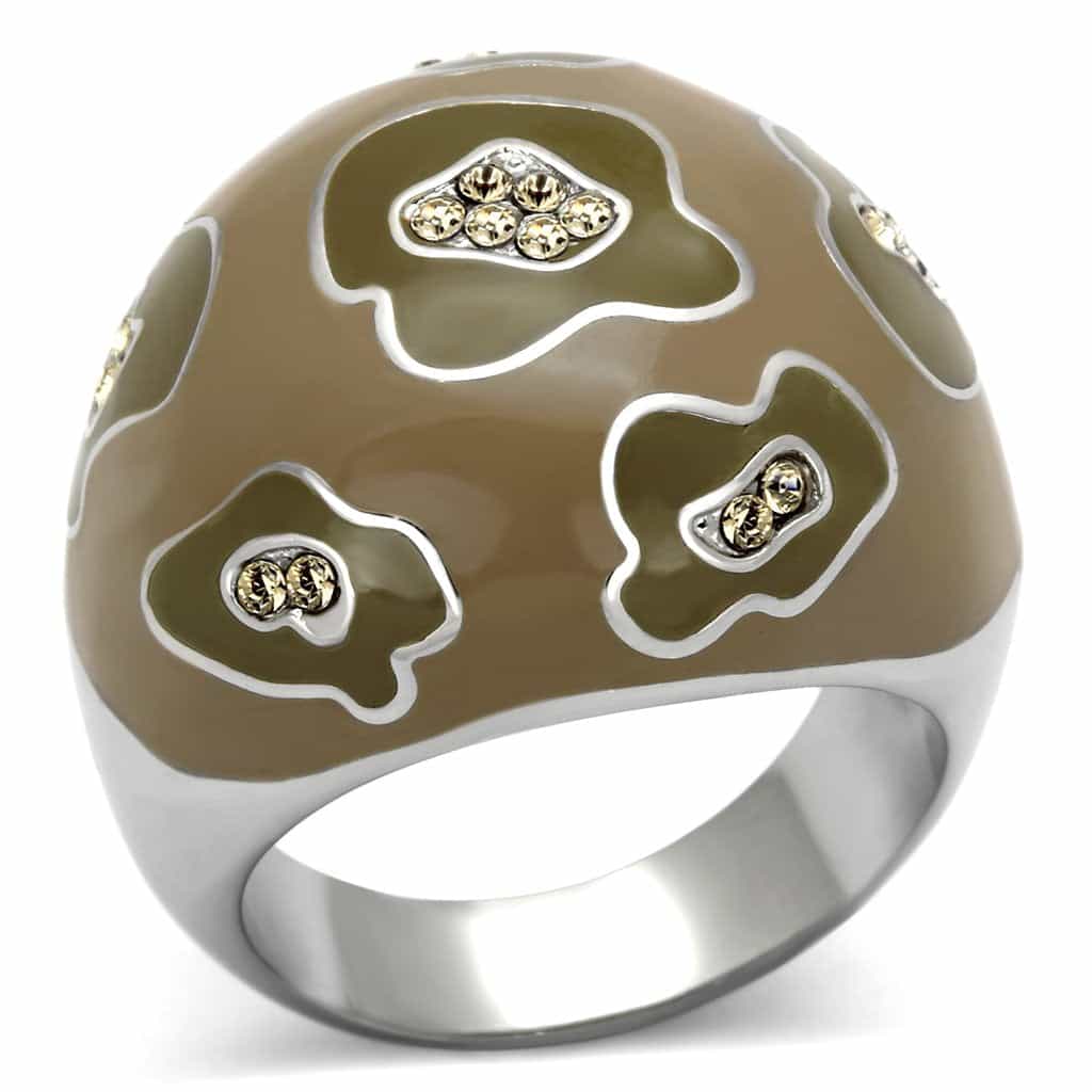 Stainless Steel Silver Brown Enamel Crystal Accent Dome Ring view 1