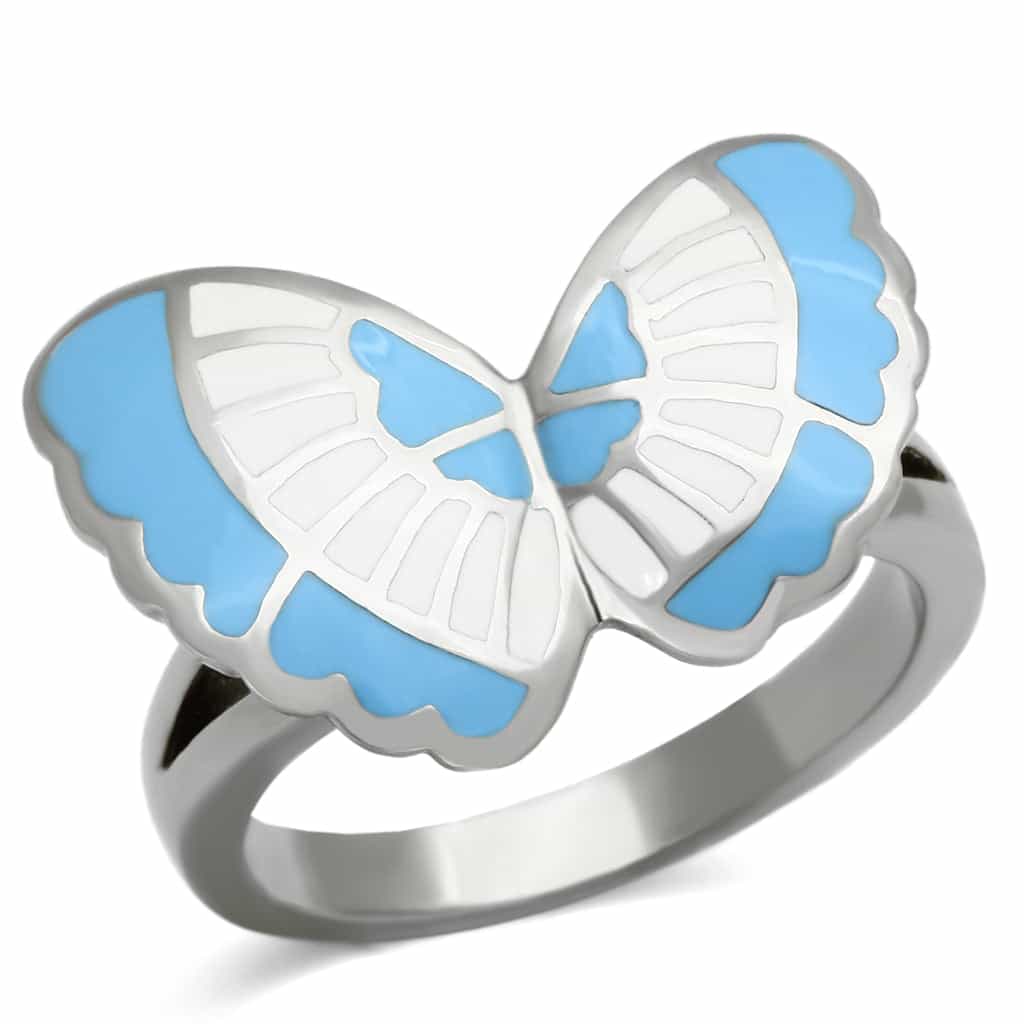 Stainless Steel Silver Blue White Enamel Butterfly Ring view 5