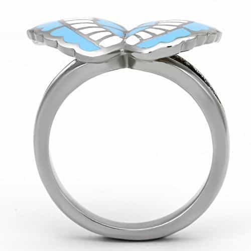 Stainless Steel Silver Blue White Enamel Butterfly Ring view 7