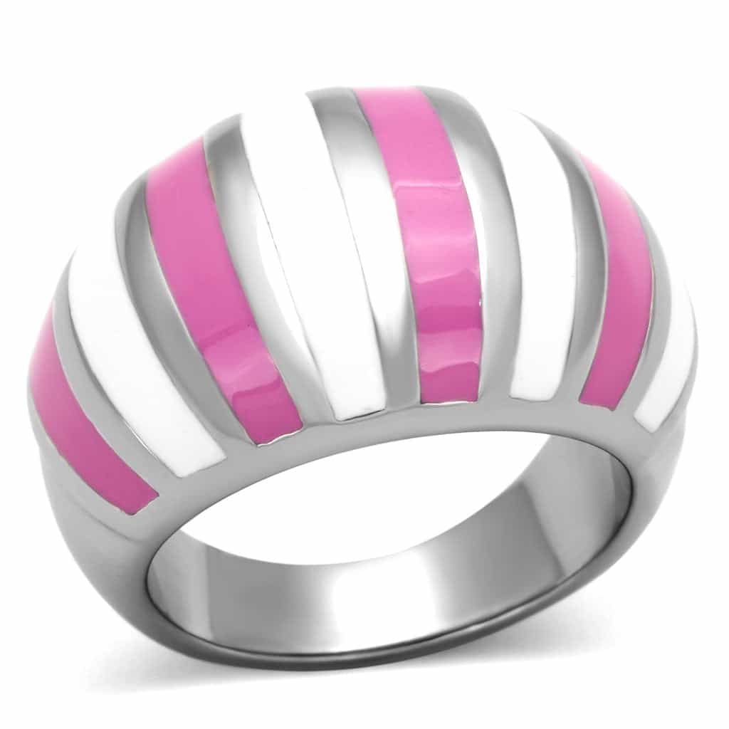 Stainless Steel Silver Pink Stripe Enamel Dome Ring view 1