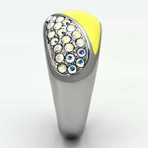 Stainless Steel Silver Yellow Enamel AB Crystal Half Dome Ring view 4