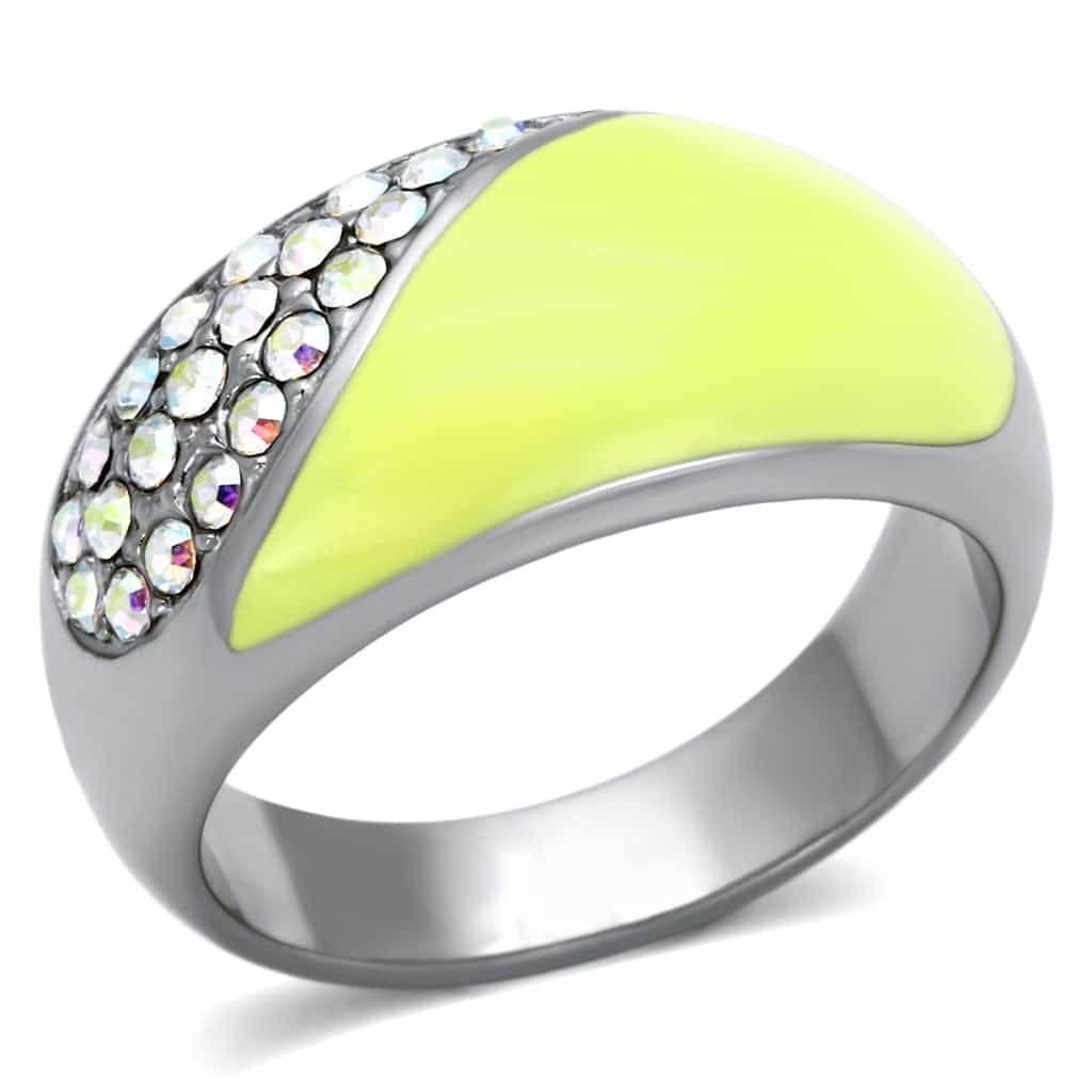Stainless Steel Silver Yellow Enamel AB Crystal Half Dome Ring view 1