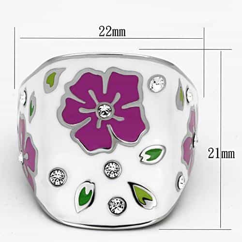 Stainless Steel Silver White Enamel Pink Flower CZ Dome Ring view 2