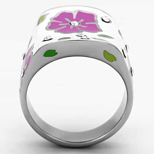 Stainless Steel Silver White Enamel Pink Flower CZ Dome Ring view 3