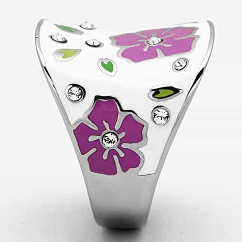 Stainless Steel Silver White Enamel Pink Flower CZ Dome Ring view 4