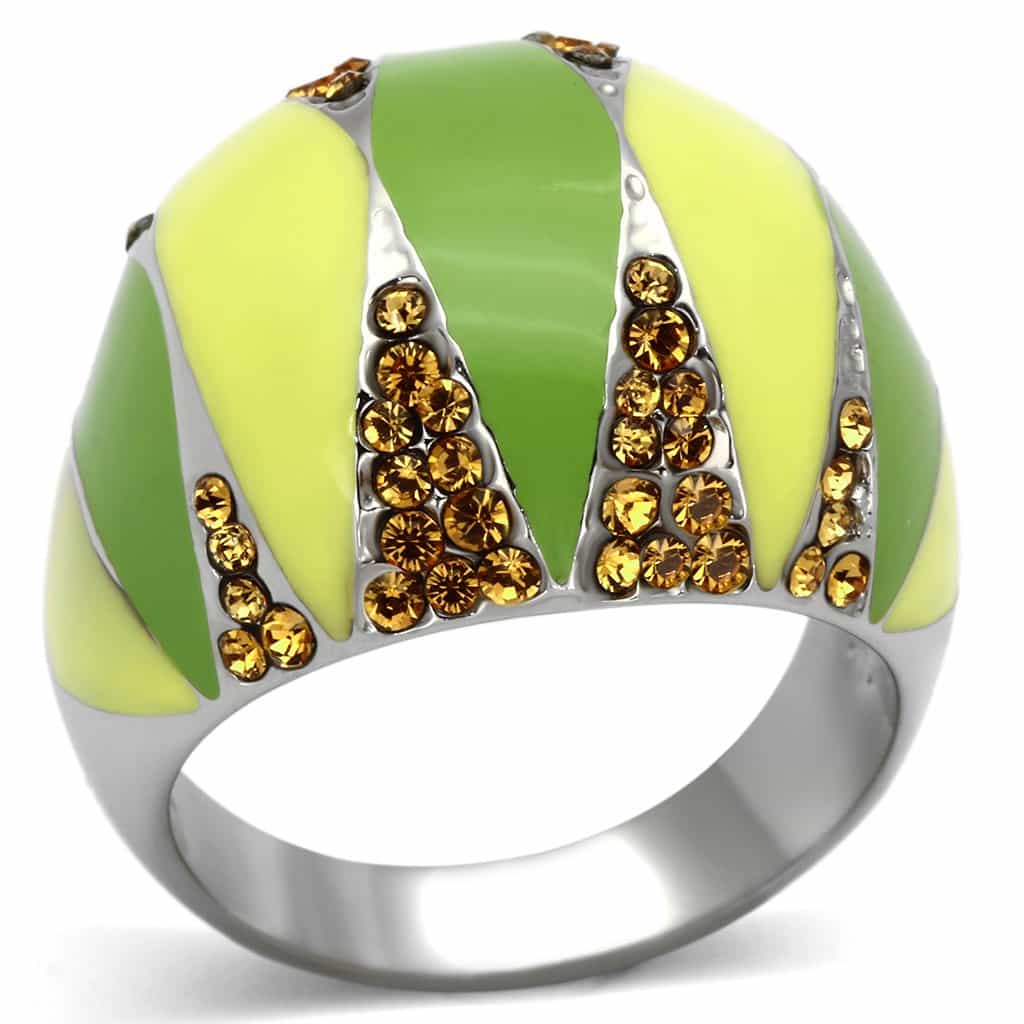 Stainless Steel Silver Green Yellow Enamel Amber Crystal Ring view 1