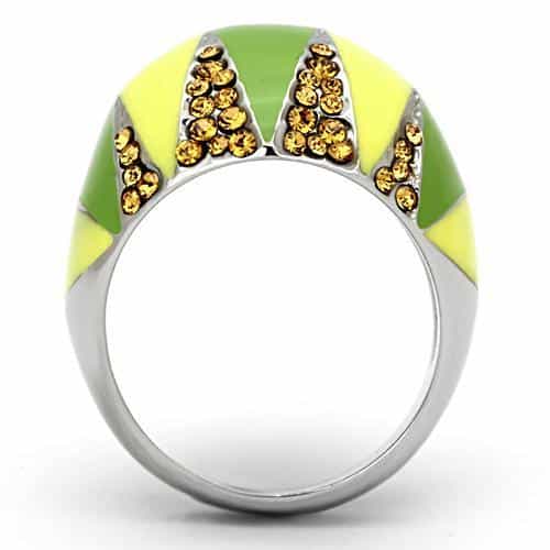 Stainless Steel Silver Green Yellow Enamel Amber Crystal Ring view 7