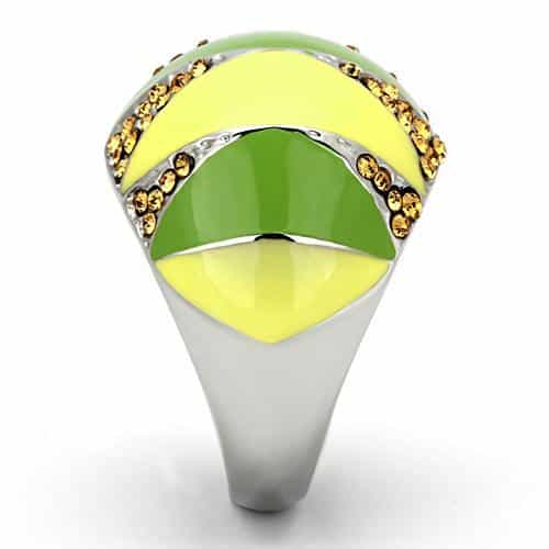 Stainless Steel Silver Green Yellow Enamel Amber Crystal Ring view 8
