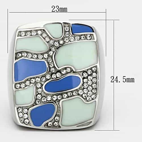 Stainless Steel Silver Blue Mint Enamel CZ Pave Mosaic Ring view 2