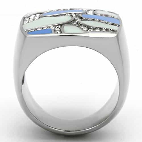 Stainless Steel Silver Blue Mint Enamel CZ Pave Mosaic Ring view 7