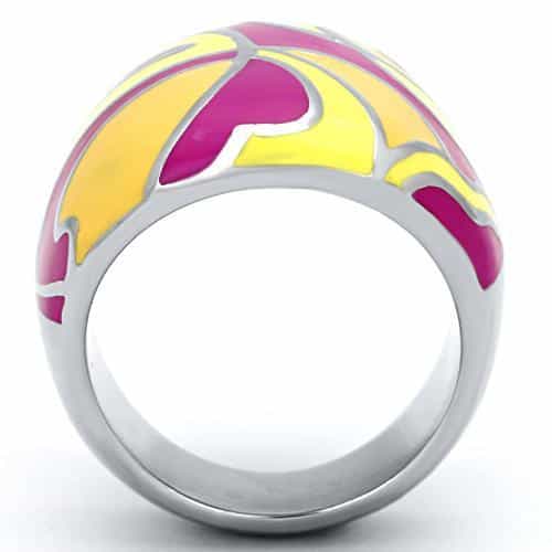 Stainless Steel Silver Pink Yellow Orange Enamel Abstract Ring view 3