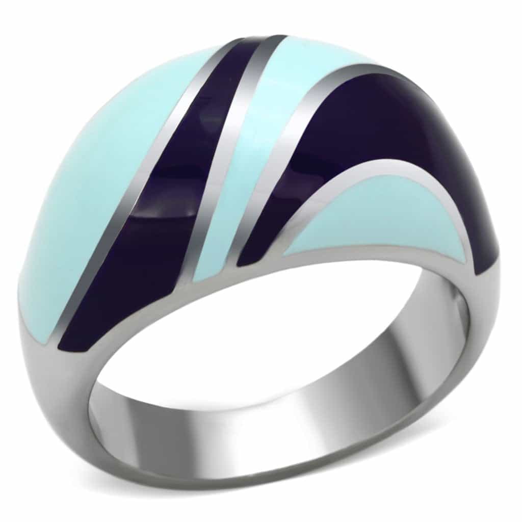 Stainless Steel Silver Blue Navy Enamel Color Block Dome Ring view 5