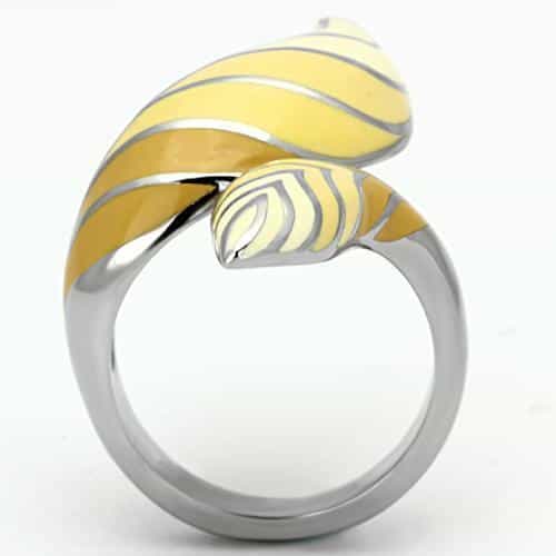Stainless Steel Silver Yellow Enamel Leaf Feather Wrap Ring view 7