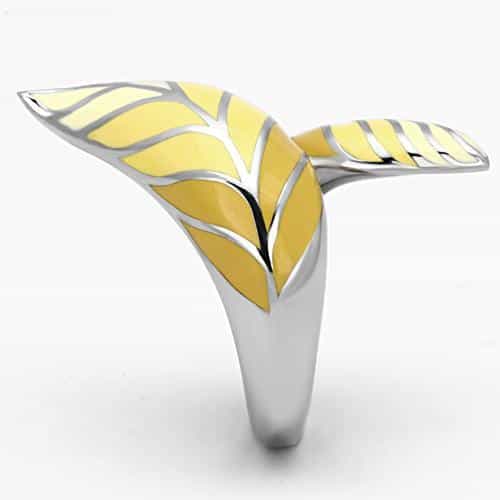 Stainless Steel Silver Yellow Enamel Leaf Feather Wrap Ring view 8
