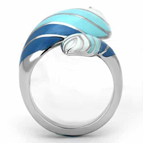 Stainless Steel Silver Blue Teal Enamel Feather Leaf Wrap Ring view 7