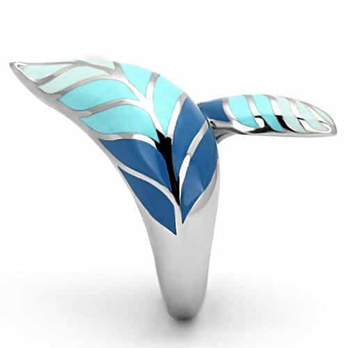 Stainless Steel Silver Blue Teal Enamel Feather Leaf Wrap Ring view 4
