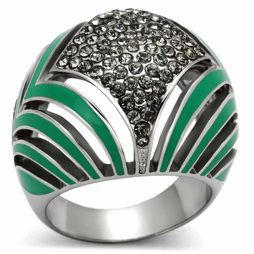 Stainless Steel Silver Green Black Enamel Crystal Pave Art Ring view 5