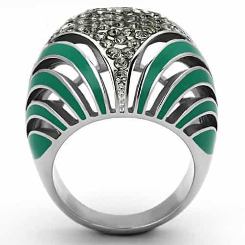 Stainless Steel Silver Green Black Enamel Crystal Pave Art Ring view 7