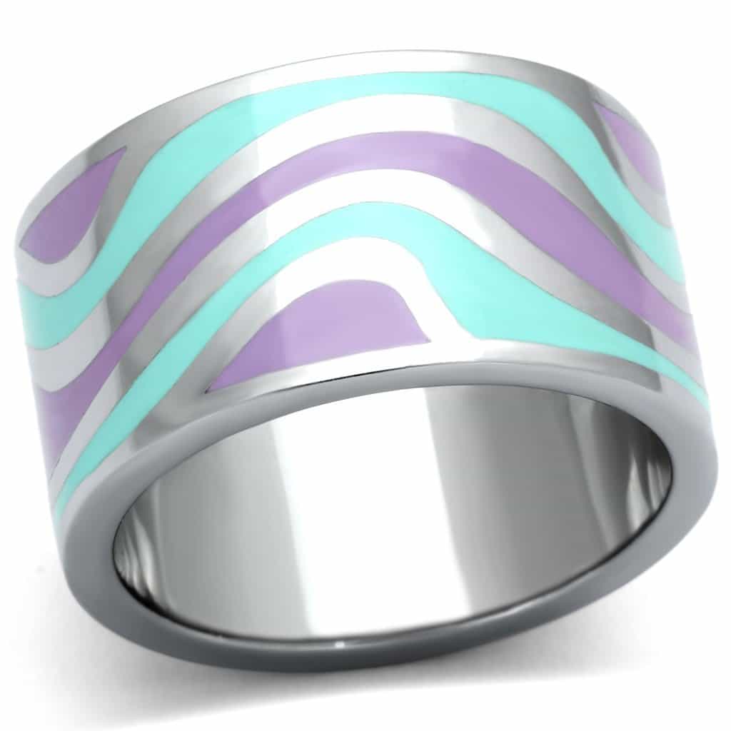 Stainless Steel Silver Teal Purple Enamel Wave Stripe Wide Ring view 5