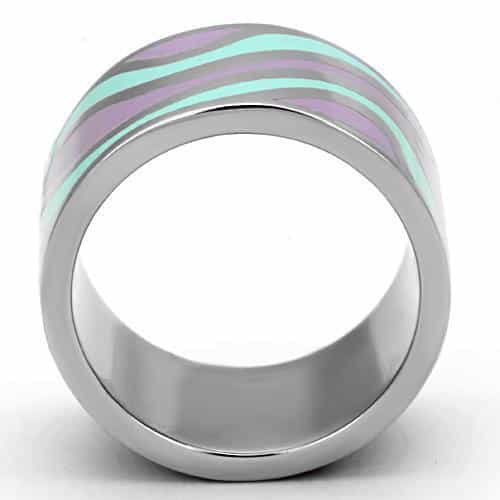 Stainless Steel Silver Teal Purple Enamel Wave Stripe Wide Ring view 7