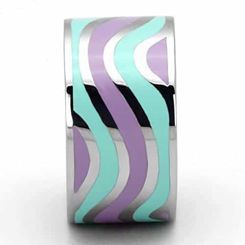Stainless Steel Silver Teal Purple Enamel Wave Stripe Wide Ring view 8