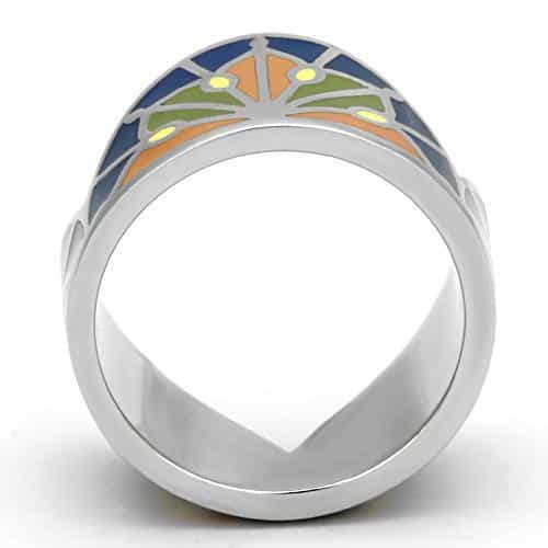 Stainless Steel Silver Blue Orange Green Enamel Stained Ring view 3