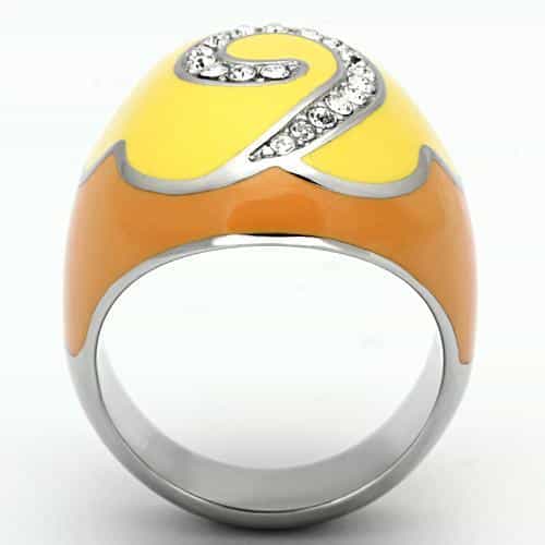Stainless Steel Silver Yellow Orange Enamel CZ Spiral Dome Ring view 3