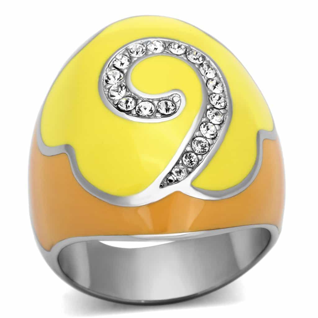 Stainless Steel Silver Yellow Orange Enamel CZ Spiral Dome Ring view 1
